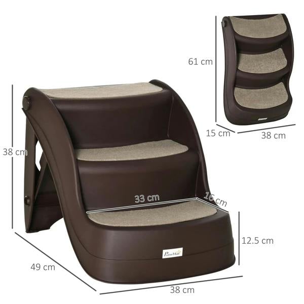 Brown 3-step dog stairs, 49 x 38 x 61 cm, beige non-slip treads