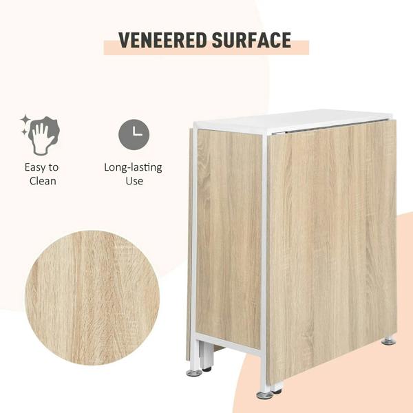 Foldable drop-leaf dining table with oak veneer panels, white base, and storage