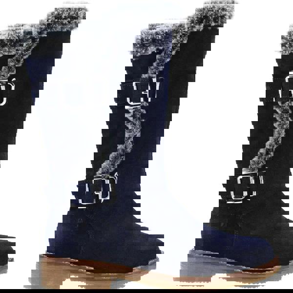 Hush Puppies Megan Womens Tall Hi Zip Up Mid Calf Boots, navy blue suede boots with faux fur trim and double buckle straps.