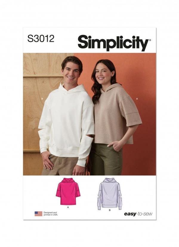 Simplicity Sewing Pattern 3012, Tops, Hoodies for Men, Women, A (XS-S-M-L-XL-XXL) - Easy