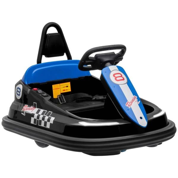 Kids electric bumper car with black and blue body, steering wheel, and front bumper