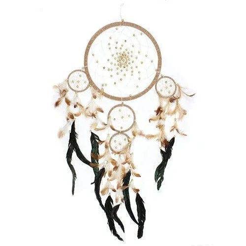 Large round dreamcatcher with light tan hoop, white web, and cream feather fringe