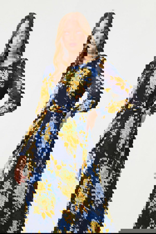 Navy | Floral Long Sleeve Chiffon Midi Dress
