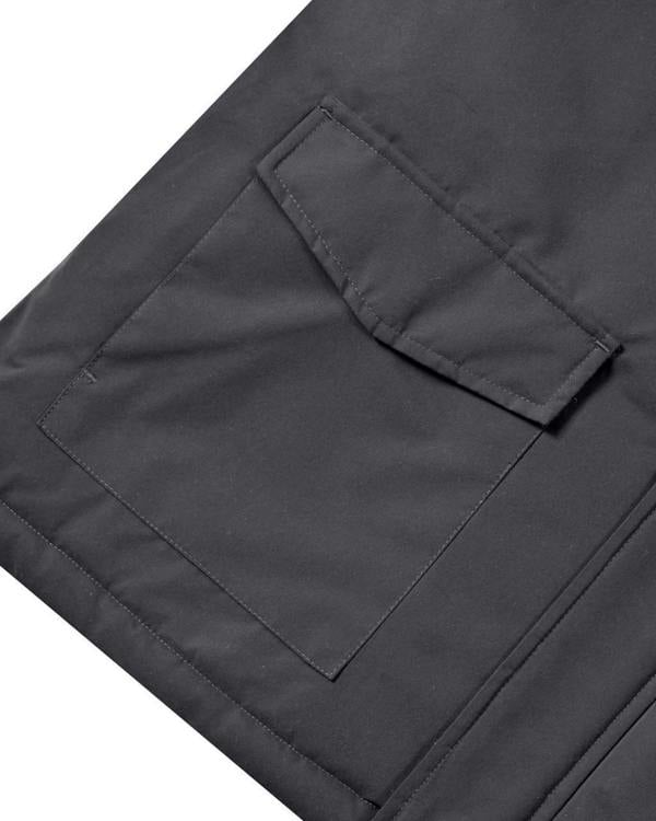 Lambretta Mens Padded Hooded Classic Badge Jacket Coat, close-up of black padded coat with large front pocket and flap detail.