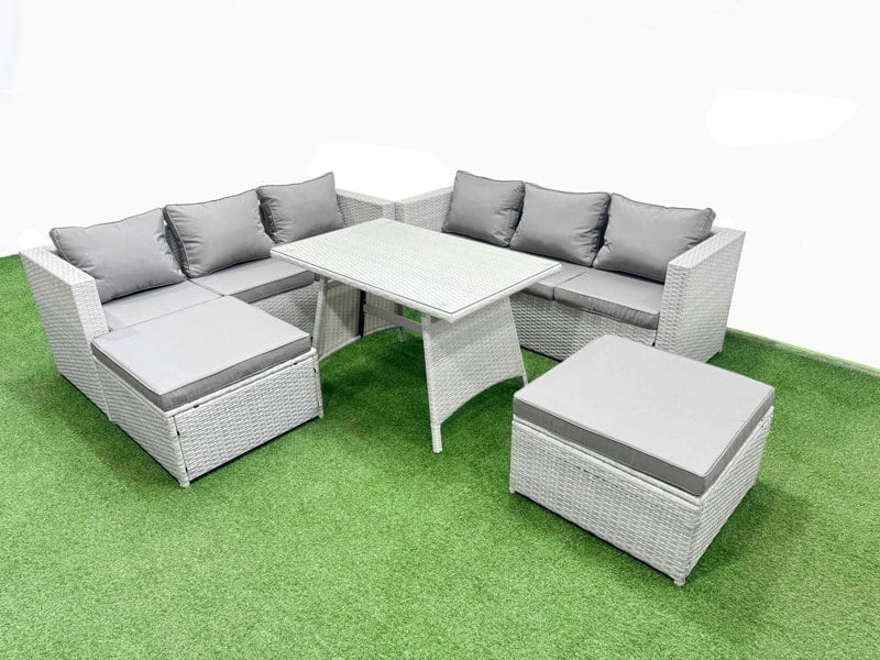 Fimous Rattan Garden Furniture Dining Set 8 seater Patio Rectangular Table 3 Seater Sofa Set with 2 Big Stools Light Grey