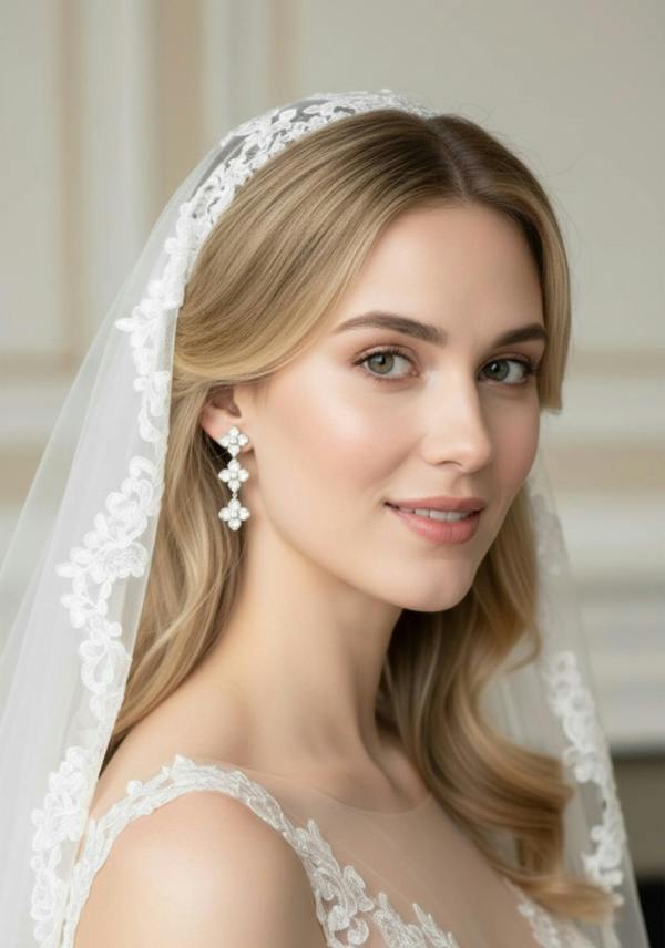 Woman wearing a white lace veil and white clover earrings