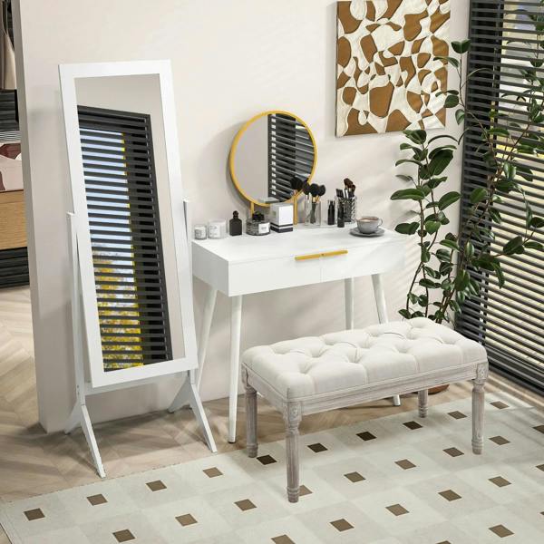 White full-length mirror on stand with rectangular reflective panel