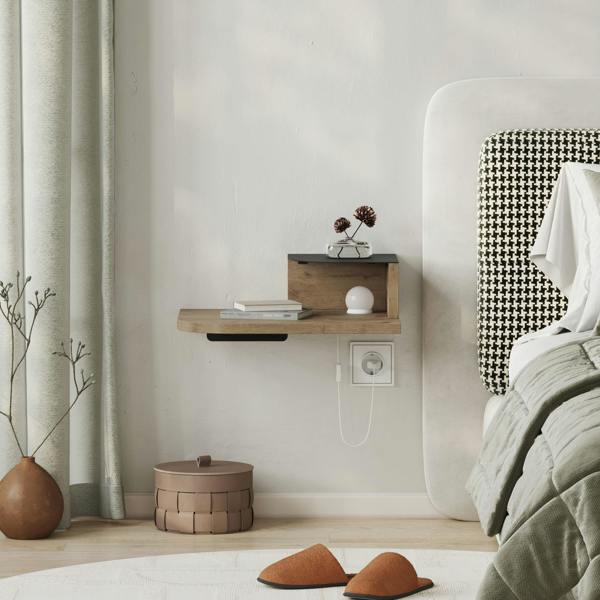 Decortie Floating Bedside Table Modern Corner Design Nightstand 30cm Wall-mounted w/ LED Lamp in 3-tones for Bedroom