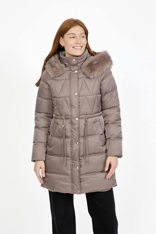 Mudflower Diamond Quilted Jacket with Detachable Fur Hood - Grey