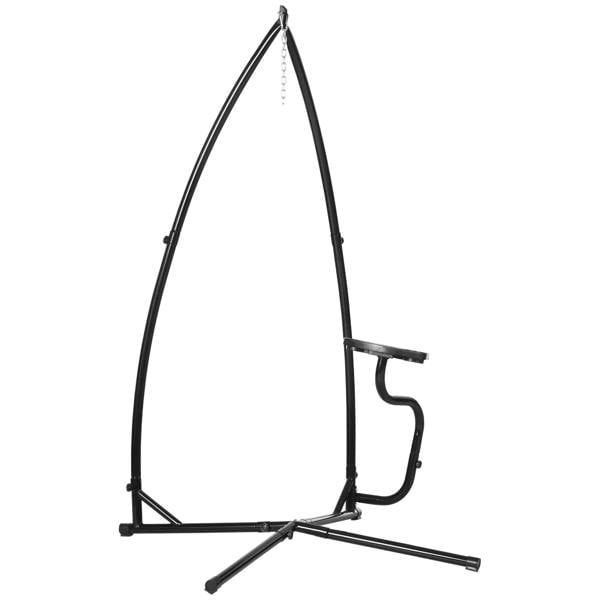 Black metal hanging chair stand frame with curved support and cross base legs