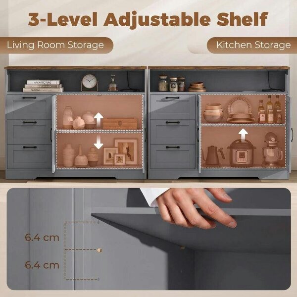 Sideboard Cabinet with Power Outlet, Farmhouse Kitchen Cabinet with 3 Drawers and Open Shelf, Grey