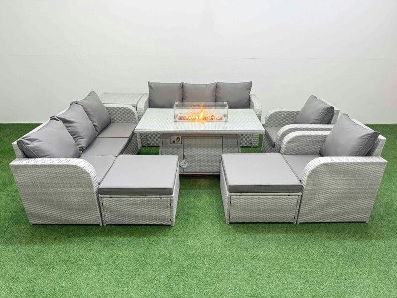 Fimous Rattan High Back Lounge Sofa Set Fire Pit Dining Table & Chairs Set with 3 Seater Sofa Reclining Chair 2 Big Footstool Side Table Light Grey