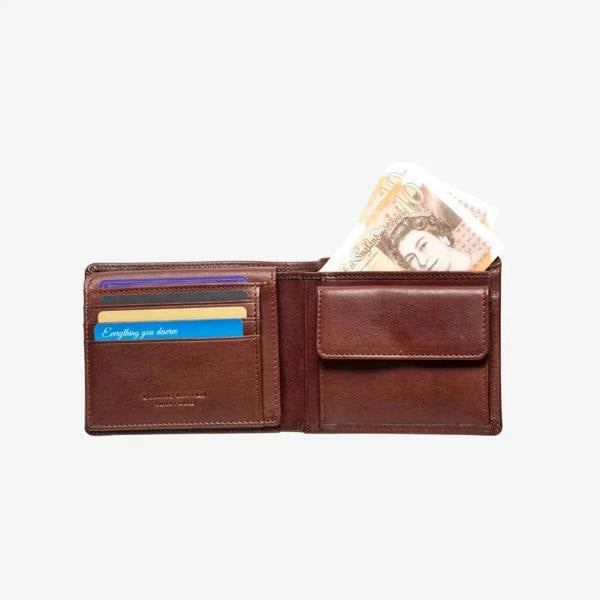 Light Brown leather wallet with money and cards on a white background