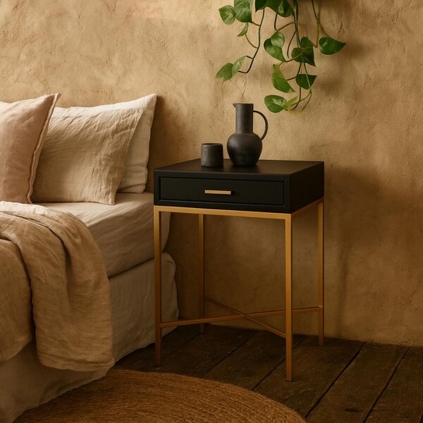 Wyld Haus Murano Black Gloss and Gold One Drawer Bedside Table
