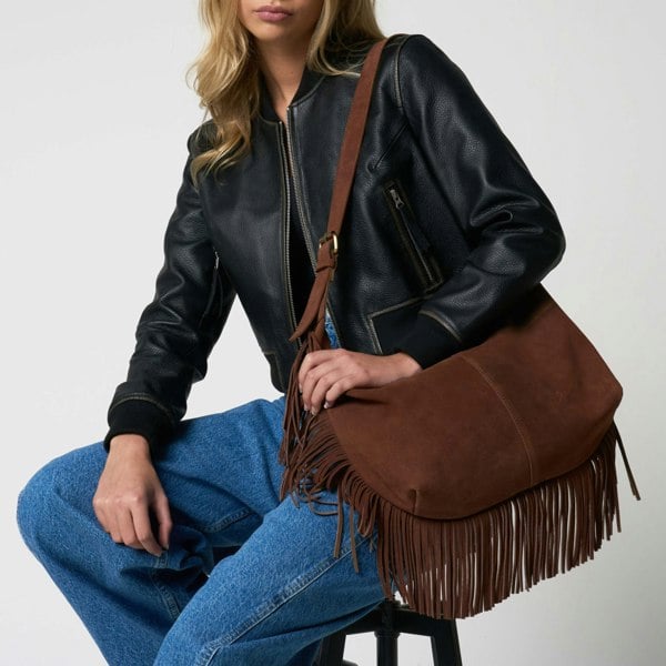 Barneys Originals Chocolate Brown Cow Suede Tassel Bag