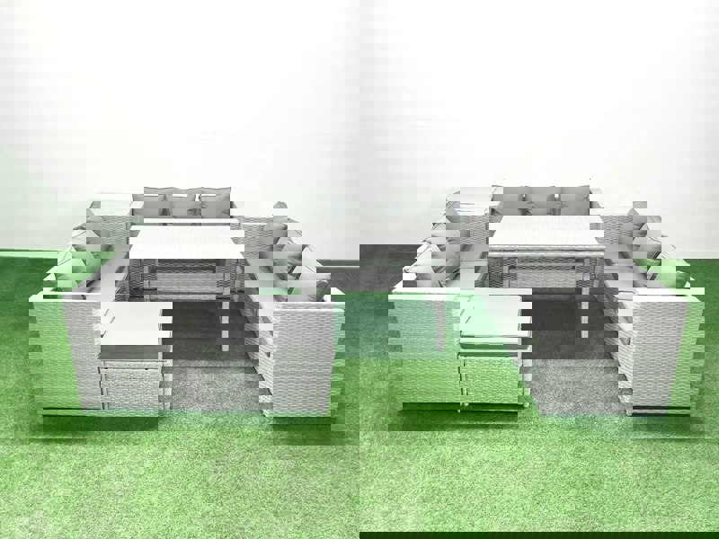 Fimous Rattan Garden Outdoor Furniture Set 10 Seater Garden Sofa Rectangulr Dining Table Set with Big Footstool Side Table Light Grey Mixed