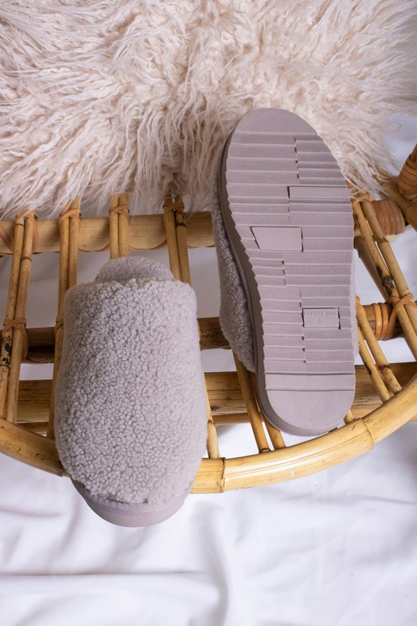 Jude luxury women's mule slippers in truffle with warm sheepskin lining from Pretty You London