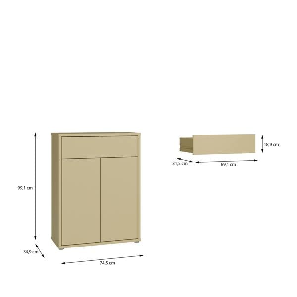 Furniture To Go Alice Springs Compact Shoe Cabinet with 2 Doors Push-to-Open & 1 Drawer Push-to-Open in Butter Yellow