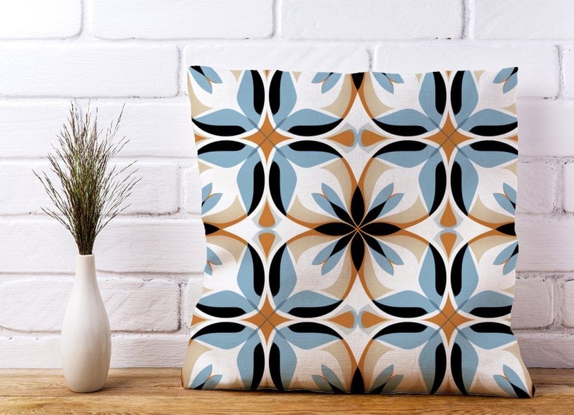 Warren Reed White Brown and Blue Geometric Pattern Cushions