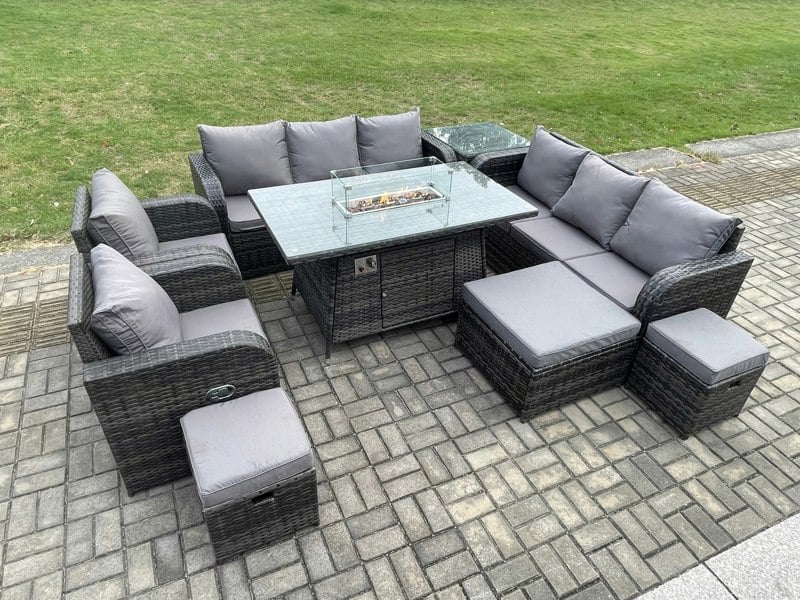 Fimous Rattan Outdoor Garden Furniture Set with Gas Fire Pit Dining Table, Side Table, 2 Chairs, 2 Sofas, 3 Footstools - 11 Seater - Dark Grey