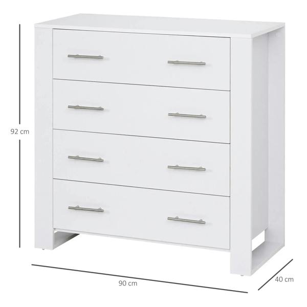 White 4-drawer storage cabinet with metal bar handles, wide front view