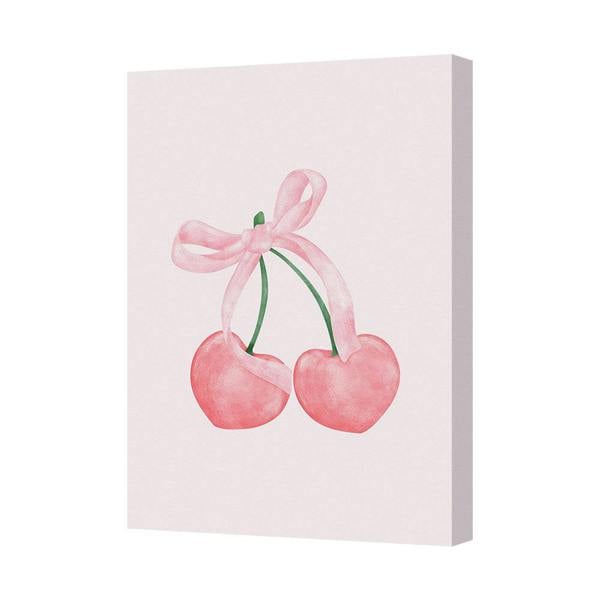 Benjamin Tate Design Cherry Duo On Pink Canvas Wall Art With Ribbon Bow Decor