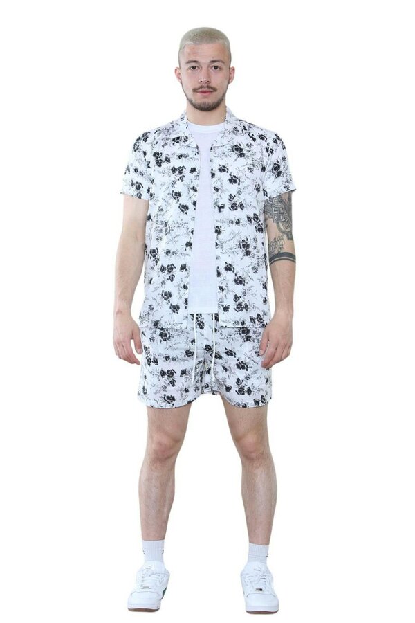 Men's Black and White Floral Co-Ord Set - Shirt and Shorts