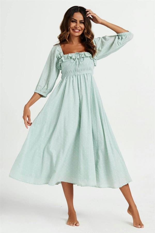 FS Collection Frill Detail Square Neckline Midi Dress In Light Green