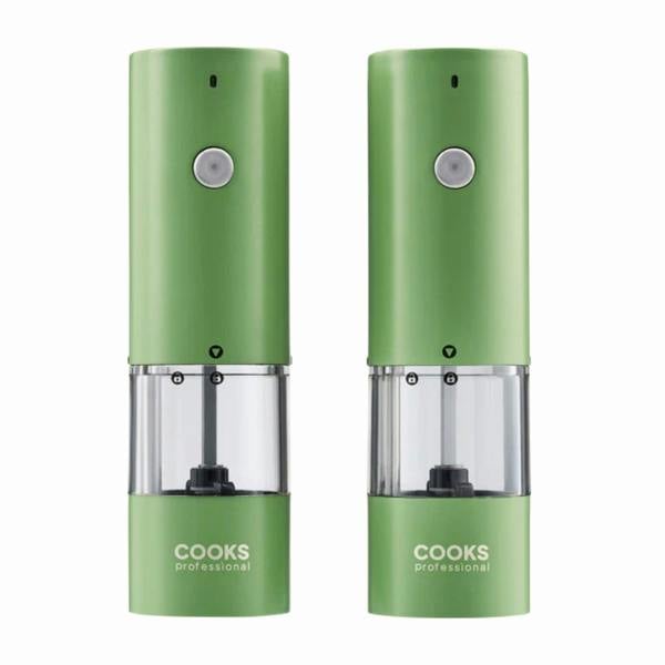 Cooks Professional Rechargeable Salt and Pepper Mill Set with Bamboo Base | Green