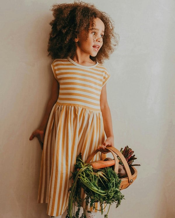 organic coton Yellow Wide Stripe Print Dress - image 1