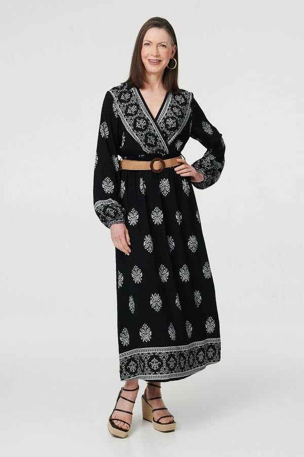 Black | Border Print Belt Waist Maxi Dress