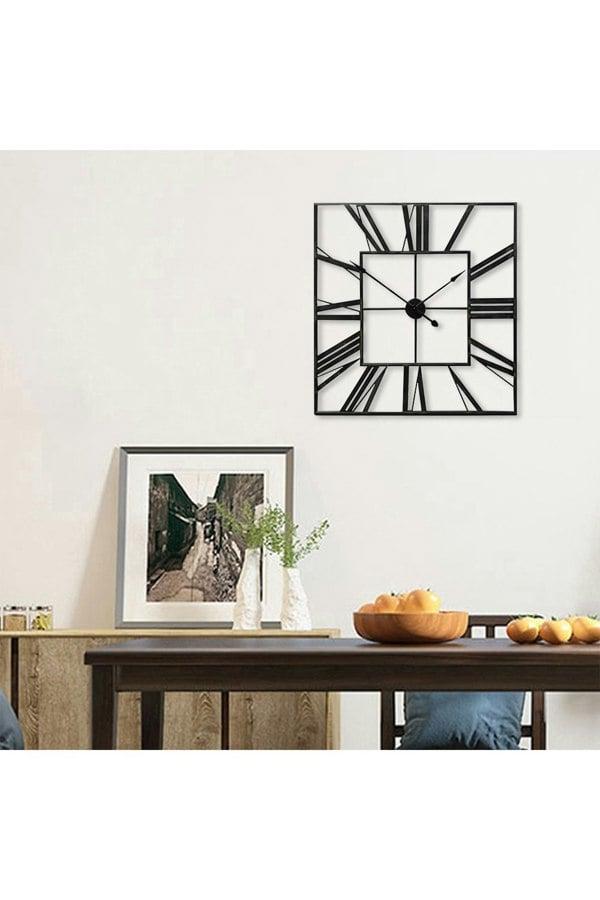 Living and Home 60cm Modern Roman Numeral Skeleton Square Metal Wall Clock