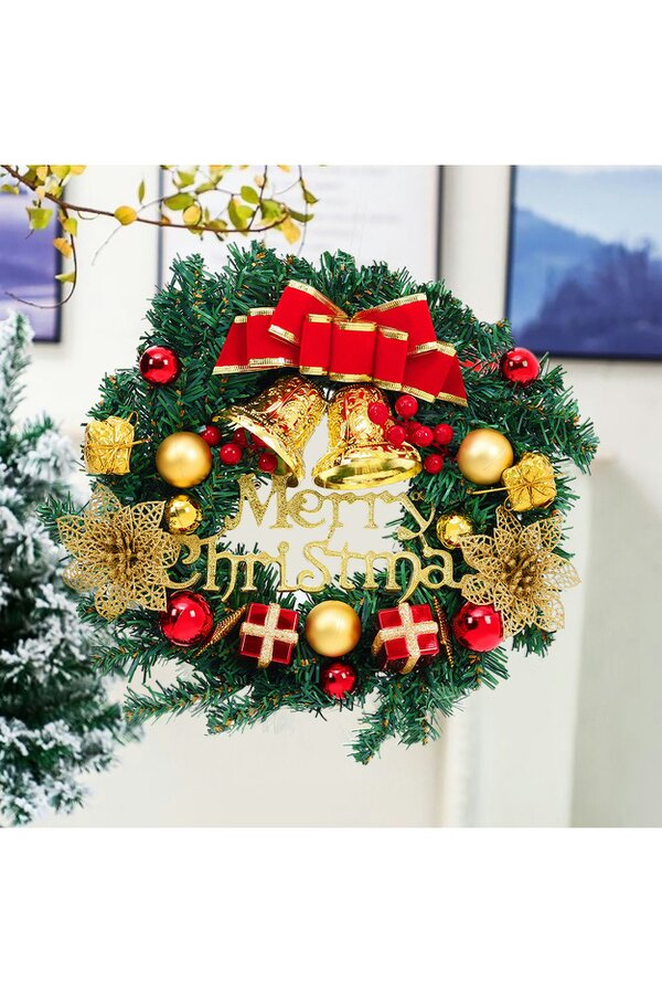 Living and Home D30cm Christmas Artificial Wreath with Xmas Baubles Bells Bow Knots