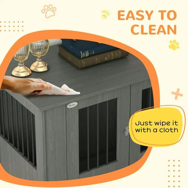 Grey dog crate table with easy-clean top surface, wipe-clean design note.
