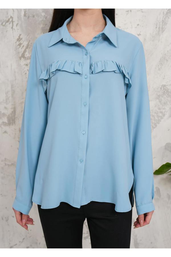 Hoxton Gal Oversized Frill Detailed Long Sleeves Blouse Shirt in Baby Blue