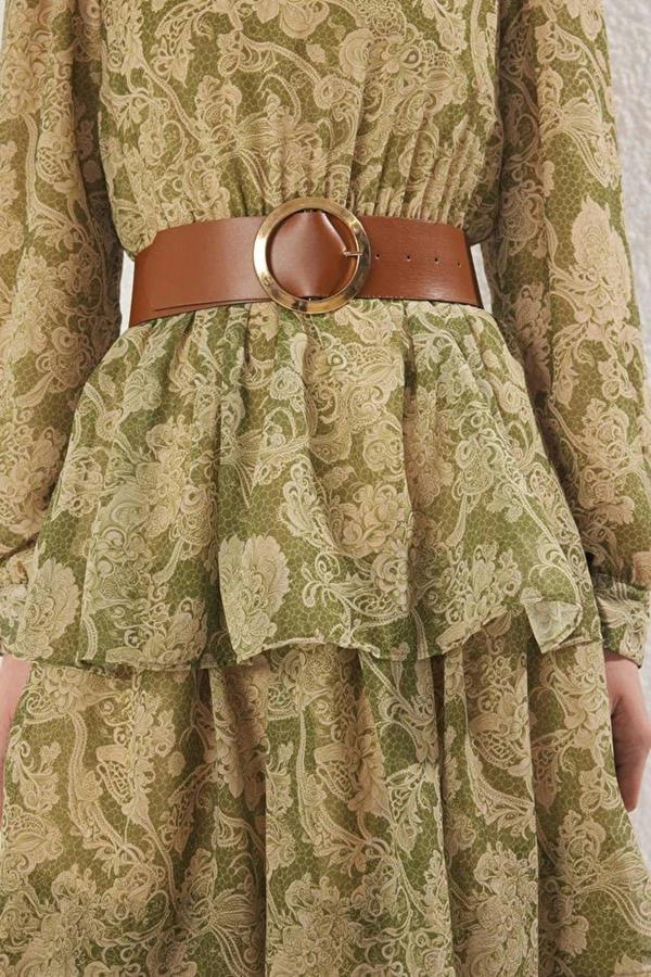 WOVCOR Stand Collar Patterned Lined Chiffon Woven Dress with Belt