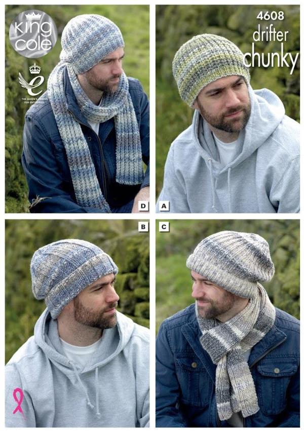 King Cole Drifter Knitting Pattern 4608, Headwear, Scarves for Men - Easy