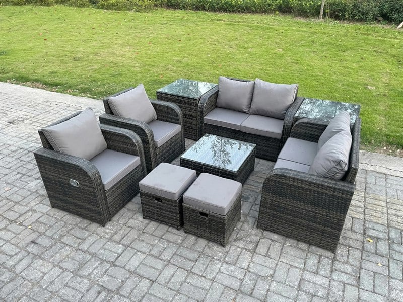 Fimous Garden Furniture Set Rattan Outdoor Lounge Sofa Chair With Tempered Glass Table 2 Small Footstools 2 Side Tables Dark Grey Mixed