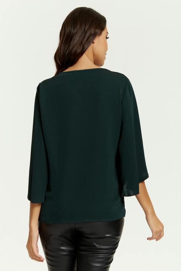 Hoxton Gal Oversized V Neck Top with Split Sleeves in Bottle Green