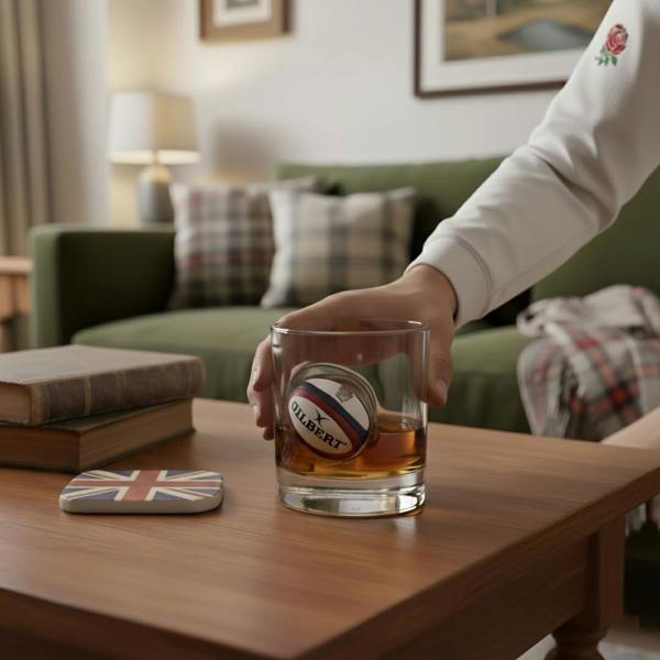 A hand reaching for a 12oz whisky glass on a wooden coffee table, featuring a mini Gilbert rugby ball embedded in the glass and filled with amber spirits.