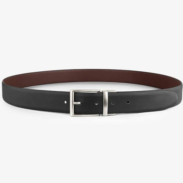 Black and brown leather belt with a silver buckle on a white background