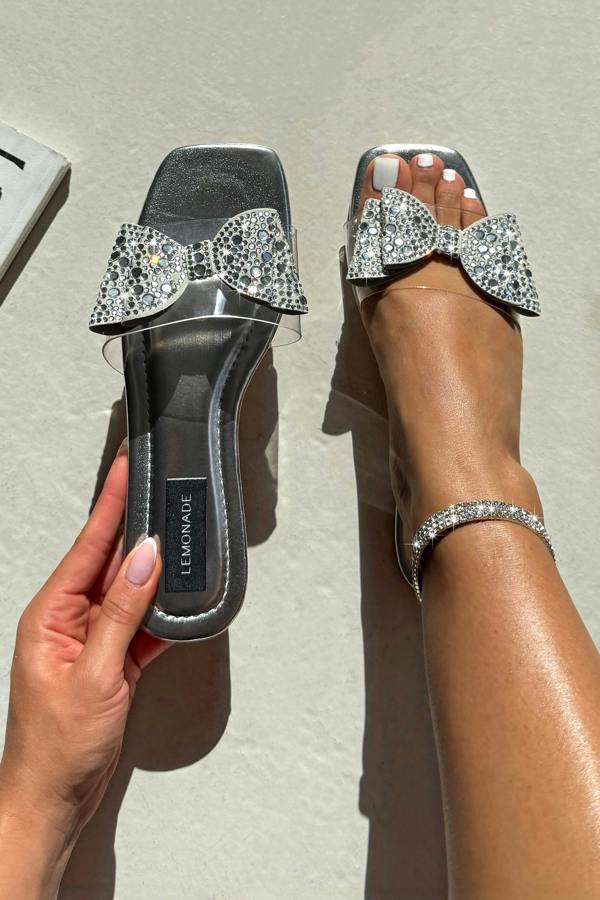 Love Lemonade Sparkle Glam Bow Jelly Strap Sliders Silver