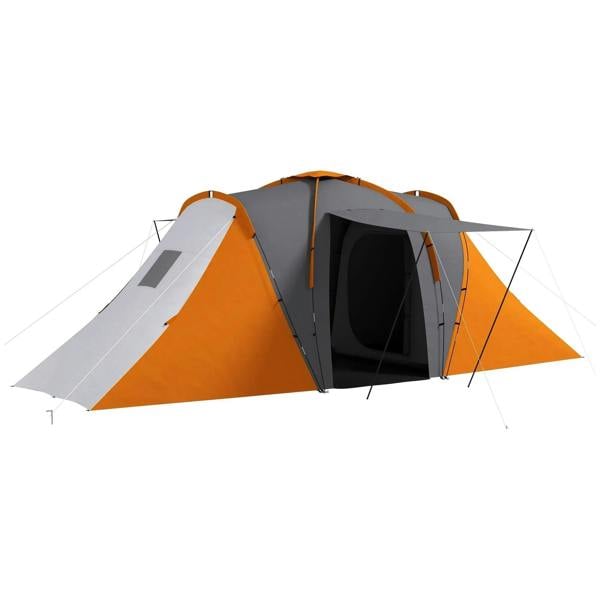 Orange and gray tunnel camping tent with front door and side opening panels