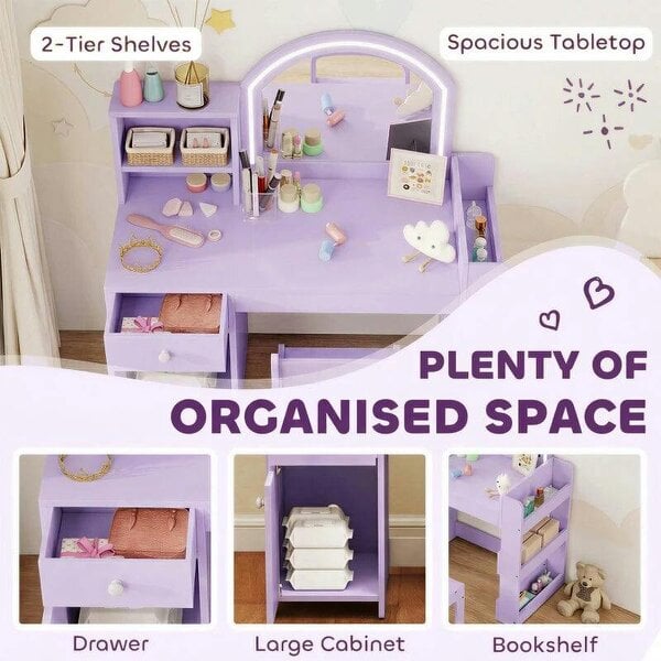 Kids Vanity Table and Chair Set, Kids Vanity Table with 2-Colour LED Mirror, Stool, Cabinet, Drawer, Shelves, Purple
