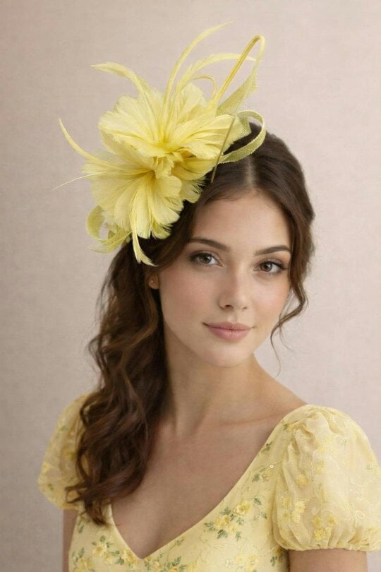 SVNX Floral Feather Fascinator with Loops in Yellow