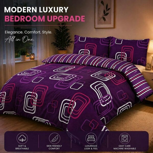Night Zone Blake Geometric Printed Polycotton Duvet Cover Set – Modern Easy Care Bedding - Aubergine