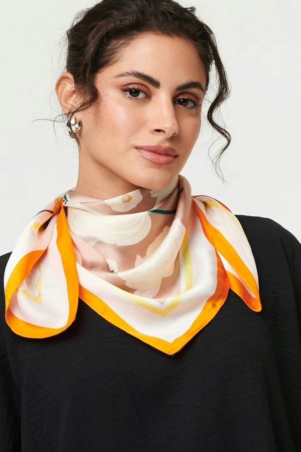 Orange | Floral Border Print Slim Square Scarf
