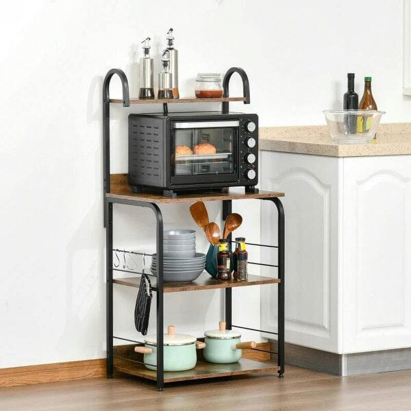 4-Tier Baker's Rack, Microwave Stand with 4 Hooks, Kitchen Storage Unit for Spices, Pots and Pans, Rustic Brown - Rustic Brown
