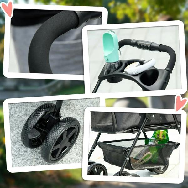 Black dog stroller feature collage with cup holder, wheels and rear storage basket