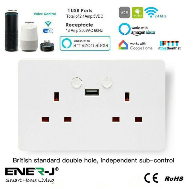 ENER-J Smart Wall Socket – WiFi Double Power Socket with USB & Type-C, Alexa & Google Compatible, 13A UK White